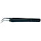 Pince à épiler noire, coudée, avec pointes argentées et logo du fabricant.
