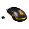 Schwarze Gaming-Maus mit orangefarbener Beleuchtung und einem kleinen USB-Empfänger.