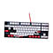 Mechanische Tastatur mit weiß-schwarzem Design und roten Akzenten, verziert mit asiatischen Kirschblütenmustern.