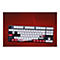 Mechanische Gaming-Tastatur mit japanischem Kirschblüten-Design, schwarz-weißen Tasten und rotem Kabel auf rotem Hintergrund.