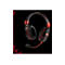 Schwarzes Gaming-Headset mit roten Akzenten. Mikrofon, Ohrmuschel mit roter Verzierung.