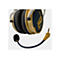 Nahaufnahme eines Gaming-Headsets mit Mikrofon. Goldene und dunkelblaue Elemente.