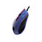 Blaue Gaming-Maus mit lila Akzenten und Blitz-Design, Kabelanschluss.