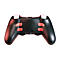 Schwarzer Gamecontroller mit roten Tasten und weißen Knöpfen auf weißem Hintergrund.
