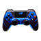 Manette violet foncé avec des accents bleus, des boutons bleus lumineux et un logo.