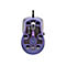 Vue de dessous d'une souris de jeu violette avec des éléments noirs et du texte tel que "OPTICAL SENSOR".