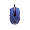 Souris de jeu bleue avec motif d'éclair, molette et logo rouge sur fond blanc.