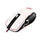 Souris de jeu blanche avec des accents rouges. Molette de défilement noire, logo rouge, câble rouge.