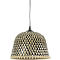 Lampe suspendue avec abat-jour tissé. Motif noir et beige, câble et support noirs.