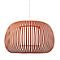 Suspension en lattes de bois couleur rouille, design ovale, intérieur blanc, sur câble fin. Fournissant de la lumière.