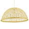 Suspension avec abat-jour en forme de panier beige clair, tissé en bois. Un câble blanc mène au plafond.