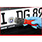 Hand mit blauem Handschuh hält Schaber an Kfz-Kennzeichen mit "Hessen"-Logo. Rotes Griffstück, Kennzeichen mit Schriftzügen, schwarzer Untergrund.