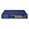 Blauer Netzwerk-Switch mit Anschlüssen und LED-Anzeigen. Text: "PLANET", "8-Port 10/100/1000T + 2G SFP Ethernet Switch".