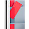 Overhead view of a storage system with red cards. One card lies diagonally in a compartment.