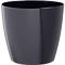 Black, conical flower pot made of shiny plastic.