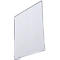 Plaque en plastique transparente et claire, légèrement inclinée, avec un cadre argenté. La forme est rectangulaire avec des coins légèrement arrondis.