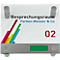 Panneau de salle en verre avec l'inscription 'Salle de réunion Farben Meister & Co' et le numéro '02'. Bandes colorées. Zone rectangulaire verte.