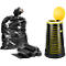 Black garbage bag, rolls of trash bags and trash can with yellow lid. The scene is on a white background.