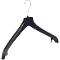 Black clothes hanger with metal hook against a white background.