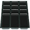 Black, rectangular serving tray with 12 compartments.