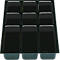 Black plastic tray with nine rectangular compartments.