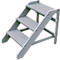 Grey, three-step pet stairs made of plastic, ribbed steps, side struts with screws.
