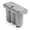 Gray trash can with three compartments. The lid has a small slot. Red dot on the right.
