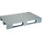 Light gray plastic pallet with a rectangular shape. Two rectangular recesses and three supports.