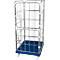 Metal roll container with blue grid base and wheels.
