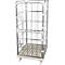 Empty metal transport trolley. Gray metal struts form a cage on wheels.