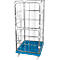 Metal rolling cage, blue grid and base, with wheels. Closed sides, door that can be opened.