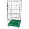 Metal transport cart, green plastic base, rollers.
