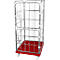 Metal mesh cart with red base, standing on rollers.