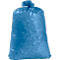 Blue trash bag filled with shredded paper against a white background.