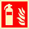 A white symbol of a fire extinguisher against a red background, next to flames.