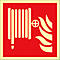 Red sign with symbols for a fire extinguisher: hose and flames. On a beige background.
