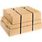 Three rectangular brown cardboard boxes stacked, secured with black straps.