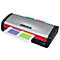 Laminateur gris avec des touches de rouge. Des feuilles multicolores sont en cours de plastification. Le côté indique '250'.