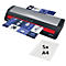 Laminateur distribuant une feuille plastifiée. A côté, un paquet de 5 feuilles A4.