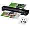 Laminateur noir, plastifiant deux photos. À côté, un paquet de feuilles A4. Textes : A4, 5 PIÈCES.