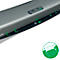 Laminateur Leitz gris, commandes éclairées en vert, marquages A3 et A4. Symbole de fonction et infographie.