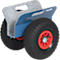 Blue hand truck with black tires, red rim and grey fabric.