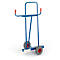 Blue transport cart with two wheels, red handle and handle ends.