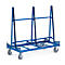 Blue glass panel transport cart with frame, rollers and holders.