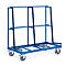 Blue metal frame transport cart with wheels. It has several brackets for transporting glass sheets.