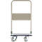 A gray, sturdy hand truck with four wheels and a handle. The loading area is dark gray.
