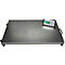 Platform scale with digital display, metal surface, black handles and feet.
