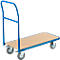 Blue transport cart with wooden plate and four wheels. Handle for pushing.