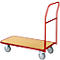 A red transport trolley with a wooden platform and four grey wheels.