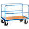 Blue transport cart with wooden board and wheels, on white background.
